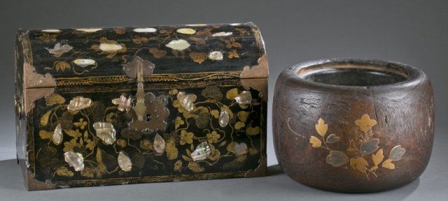 A Japanese lacquer storage box and a hibachi. (1 of 7)