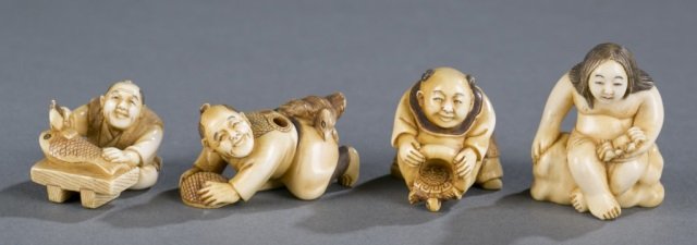 Group of 4 ivory figural katabori netsuke. (1 of 9)