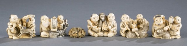 Group of 5 figural netsuke and 1 ojime. (1 of 10)