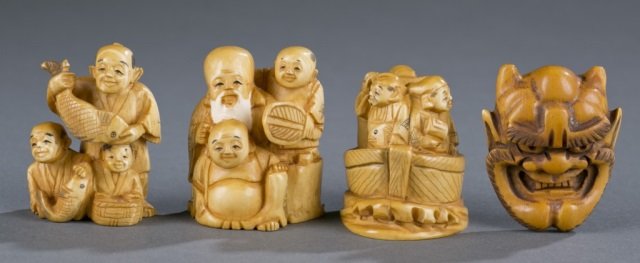 Group of 3 ivory figural netsuke & 1 mask netsuke. (1 of 10)