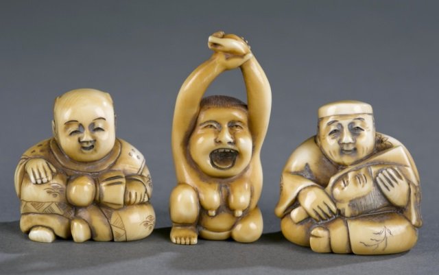 Group of 3 ivory figural netsuke. (1 of 9)
