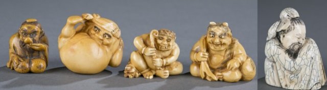 Group of 5 ivory/bone katabori netsuke/Okimono. (1 of 10)