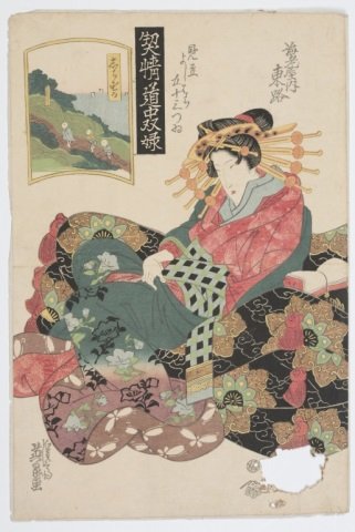 Group of 3 woodblock prints by Keisai Eisen.: A group of three woodblock prints by Keisai Eisen. Keisai, Eisen (Japan, 1790-1848). Oban size, approx: 15" x 10". ++Shirasuga: Matsuura of the Matsubaya, from the series "A Tokaido Board Game of Cour