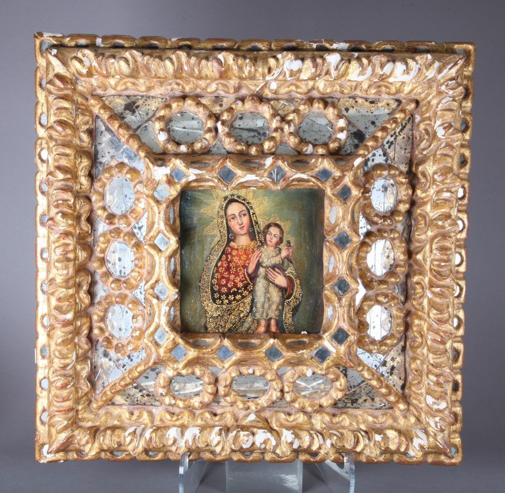 Spanish colonial icon in mirrored and gilt frame. (1 of 5)