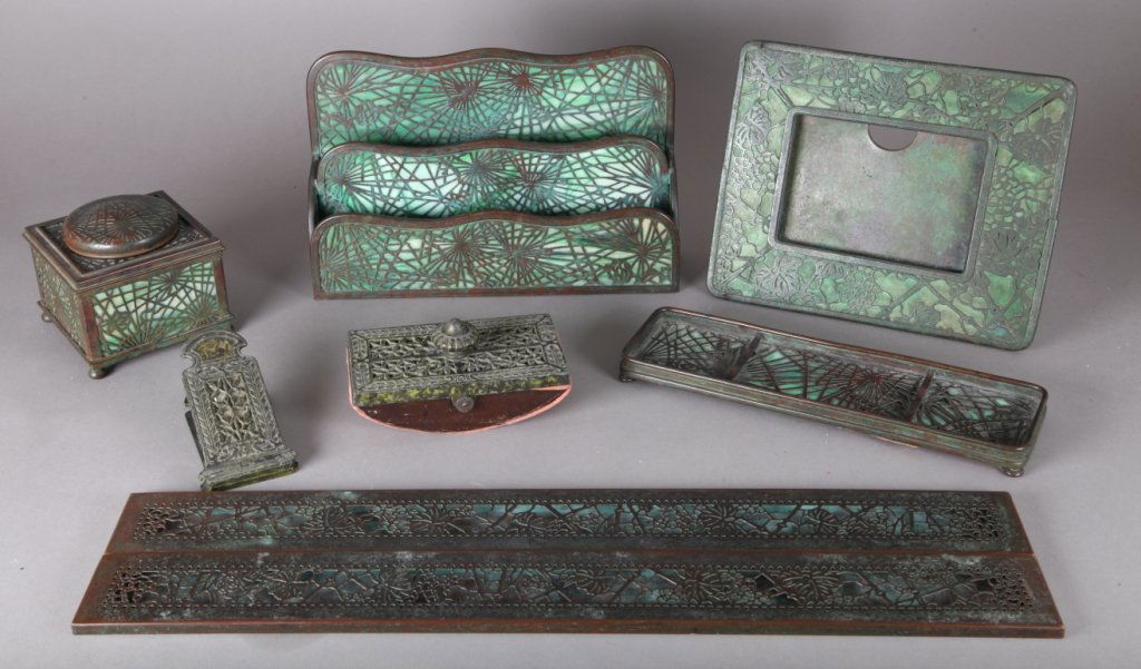 Tiffany Studios desk set, Grapevine/Pine needle. (1 of 8)