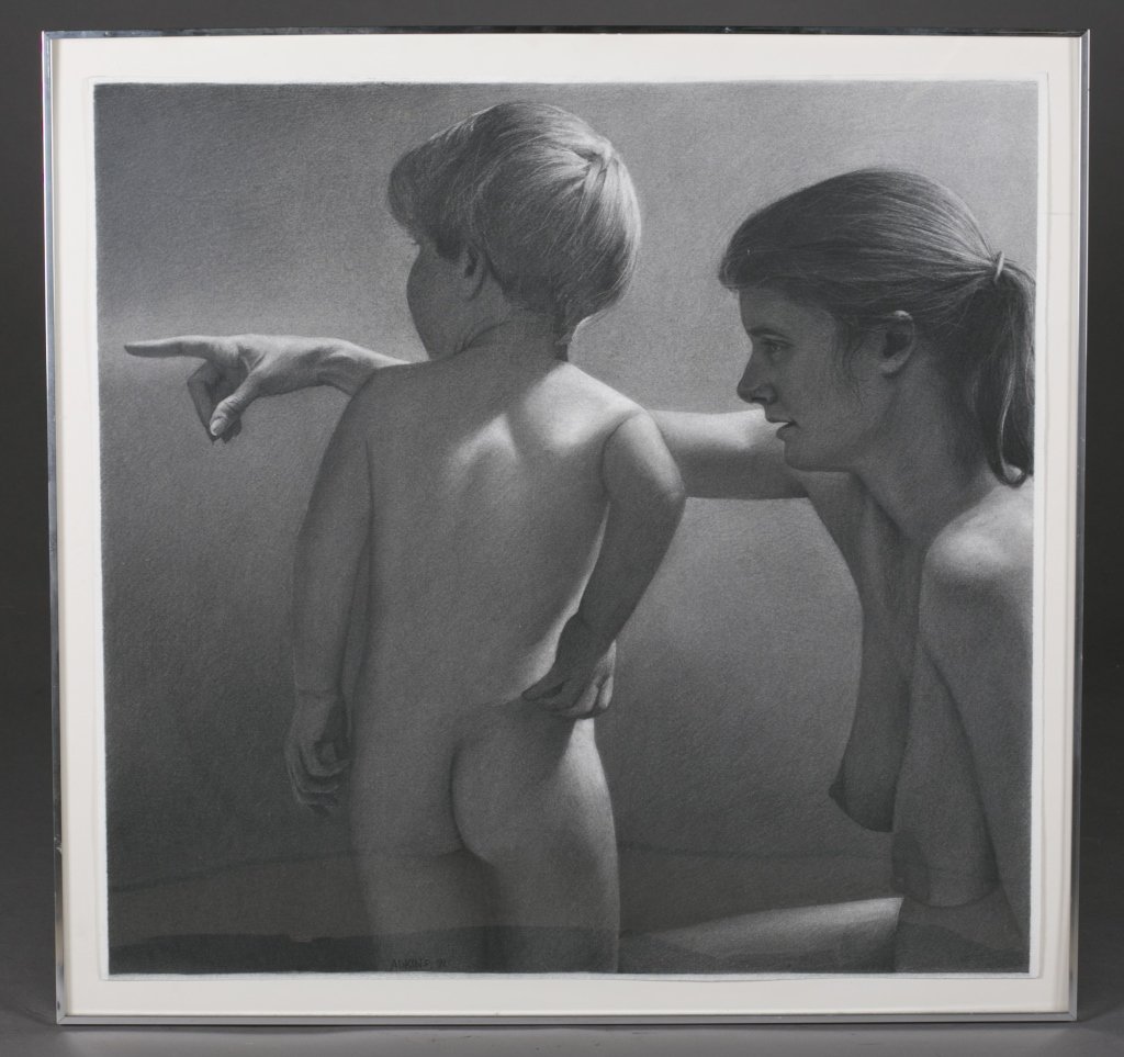 James Adkins, "Relationships IV", 1991.: Adkins, James (Columbia, MD, 1947-). "Relationships IV". 1991. Charcoal on paper. Signed and dated center. 28 1/4" x 28 1/4". Framed under plexiglass: 31 1/4' x 32 1/4". Provenance: Mahler Gallery, Wa
