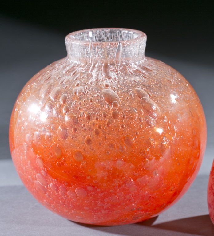 Charles Schneider art glass vase, 20th c.: A Charles Schneider art glass vase. France. 20th century. Graduated shades or orange and red in heavily bubbled round form. Signed: 5 1/5"h. Condition: Some scratches.