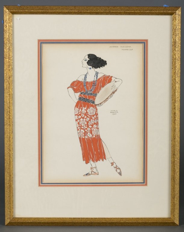 George Barbier, "Madame Pavlova/Amarilla", 1920.: Barbier, George (France, 1882-1932). "Madame Pavlova / Amarilla". 1920. Hand-colored pochoir (stencil) print. Signed and dated in stencil. Blind stamp l.l. H.E.S. 10 3/4" x 7 1/2". Matted and framed u