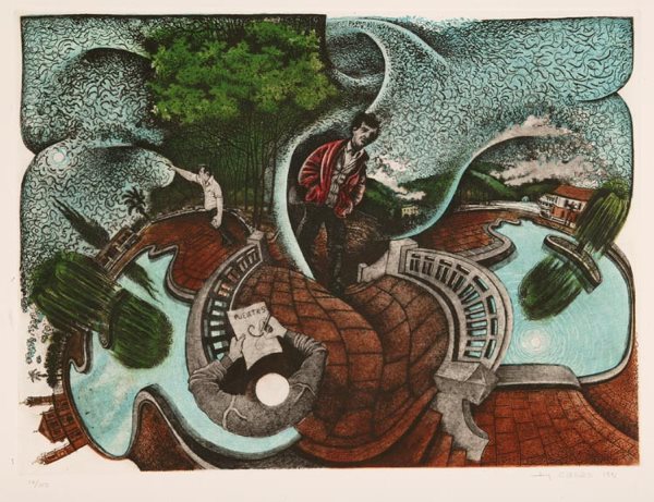 Casas, Fernando (Bolivian, b.1946). 3 Prints.: Casas, Fernando (Bolivian, b.1946). 3 Prints. Fine condition. ++ Measure Of All Things. 1979. Color lithograph printed to edges. 24 x 36. Pencil signed, dated, and numbered 73/99. ++ Puentes. 1991. Co