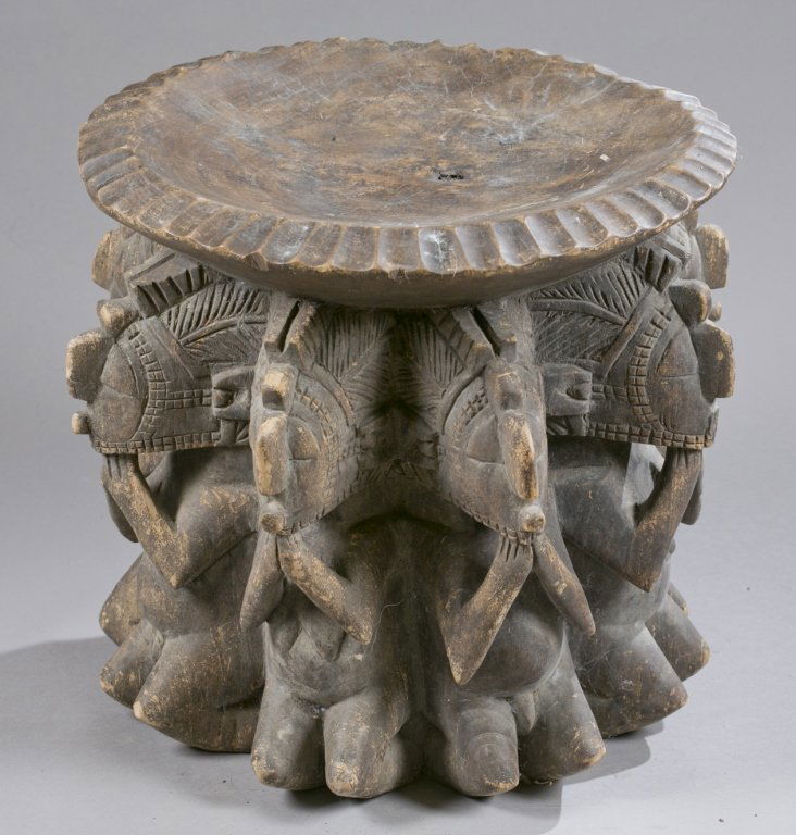 Muti-figure carved wooden stool, 20th c. (1 of 4)