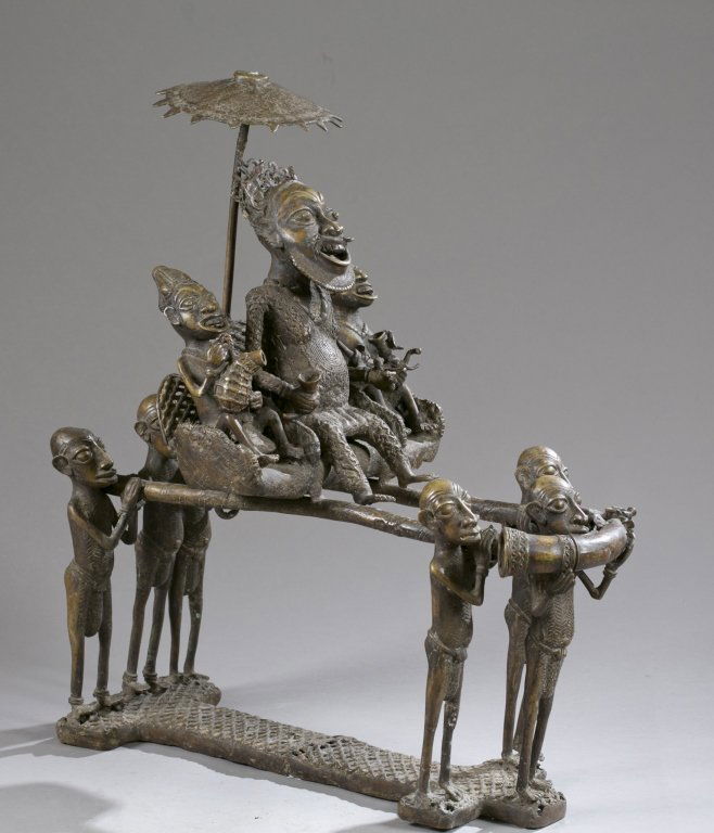 Brass sculpture of chief with attendants, 20th c. (1 of 5)
