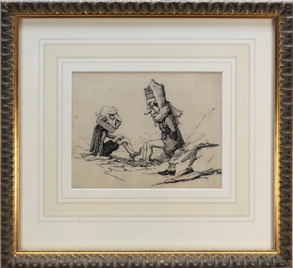 John Canston drawing: [The Duchess Soaks her Feet]: [Carroll, Lewis] John Canston (Br., fl. Late 1800s). [The Duchess Soaks Her Feet.] Ink drawing. Signed on verso, probably drawn as an illustration for a children’s story. Clearly inspired by Alice��