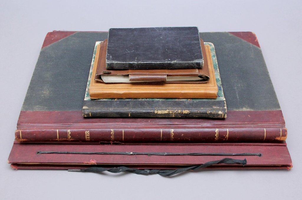 6 Vols: Inn Guestbook + Textile Workbook + Store Ledger: [Guestbook/Ledgers] 6 Vols. 12mo-4to. ++ Register for Highland Farm/ Charles R. Fellows, Proprietor. Guestbook for Highland Farm Inn, listing names of guests, dates of arrival, and places of residence