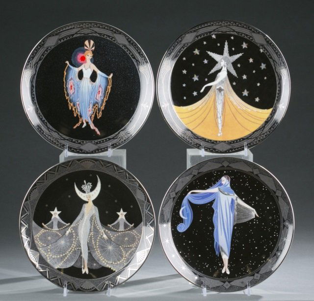 Set of 4 Erte Art Deco Royal Doulton plates.: A set of four House of Erte Royal Doulton limited edition bone chin plates. With certificates of authenticity. 8" diameter. ++ "Queen of the Night" HB9566. ++ "Moonlight". HA2605 ++ "New York, New Yor
