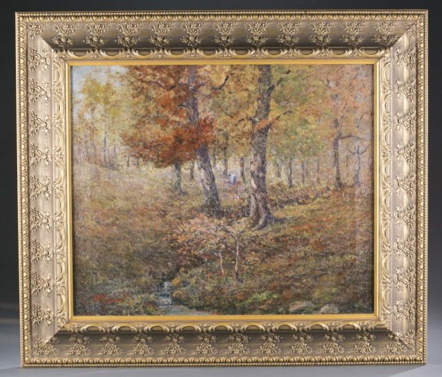 Robert F. Cornett, Autumnal landscape, o/c.: Cornett, Robert Frank (Washington, D.C., 1867-1935). 19th / 20th century. Oil on canvas. Autumnal wooded landscape. Signed l.l. 20 1/8" x 24" Carved gilt frame with floral and swag motif: 28" x 32". C