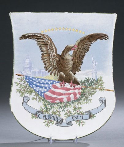 Mettlach American eagle & flag shield plaque.: A Mettlach American eagle and flag shield plaque made by Villeroy & Boch. Marked on back 1290 Geschutzt, US. and the Villeroy & Voch makers mark. 13 1/4" x 11". Provenance: The Collection of William a