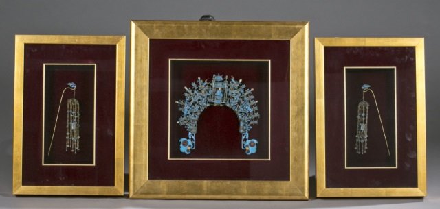 Chinese Kingfisher feather headdress and hairpins. (1 of 10)