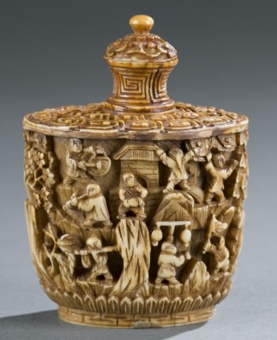 Chinese carved marine ivory snuff bottle. (1 of 6)