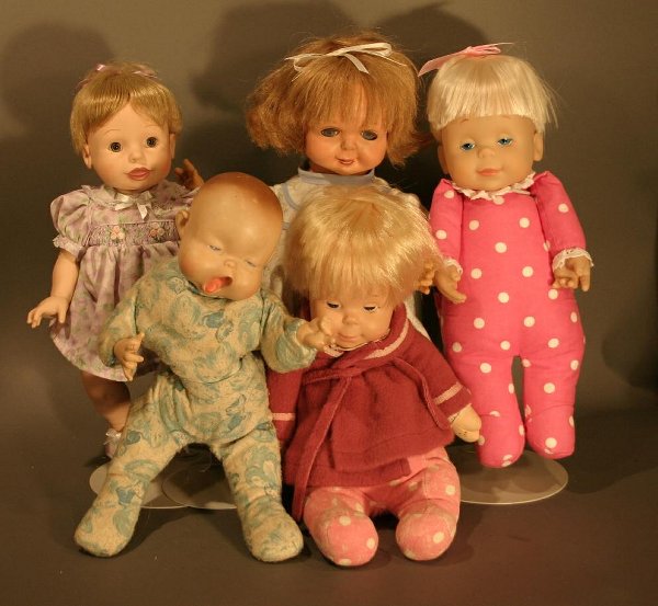 Five Dolls: Two Mattel talking Drowy dolls and One: Five Dolls: Two Mattel talking Drowy dolls and One talking doll, Old Effanbee yawning doll, and a playmate talking doll.