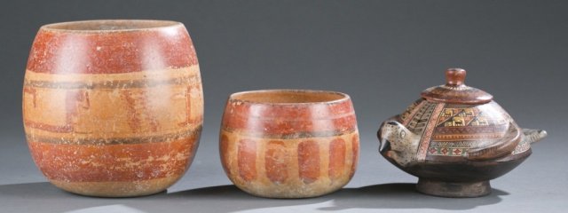 2 Mayan bowls and 1 lidded ethnographic vessel. (1 of 6)