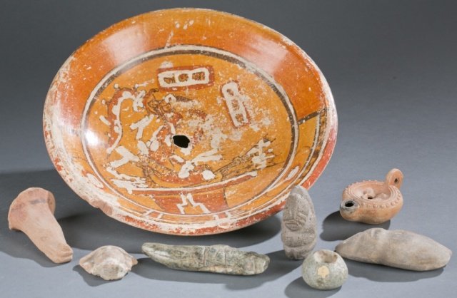 Mayan plate & 7 stone & ceramic ethno items. (1 of 10)