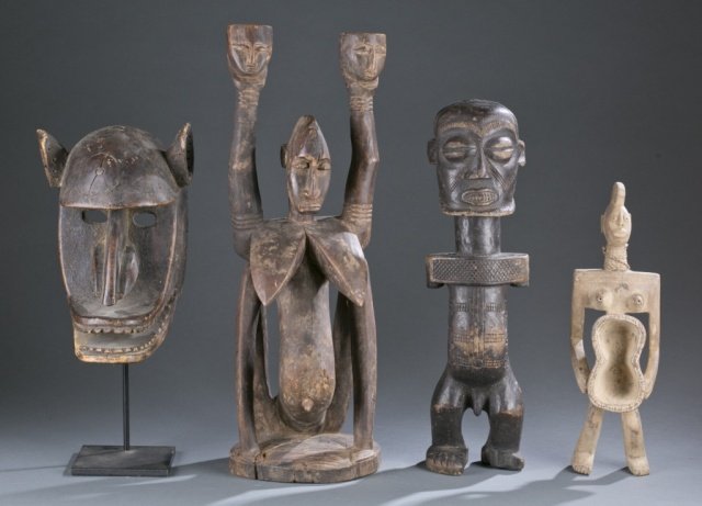 2 Figures, mask, libation figure. c.20th century. (1 of 9)