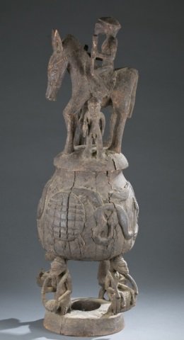 Lidded wooden bowl with equestrian figure (1 of 7)