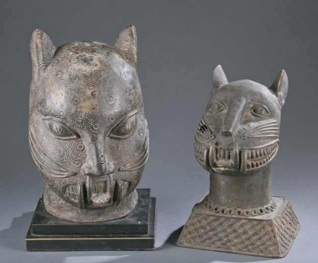 2 Benin brass leopard heads. (1 of 5)