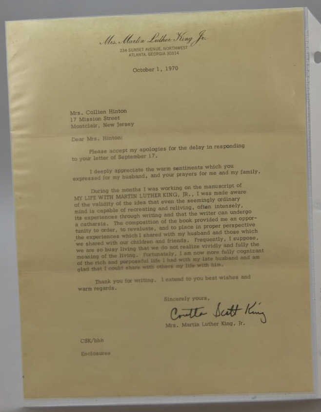 Coretta Scott King. TLS. 1970.: [King, Coretta Scott] TLS to Collien Hinton. Oct. 1, 1970. Thanks Hinton for a condolence letter sent on Sep. 17, 1970. “…During the months I was working on the manuscript of My Life With Martin L