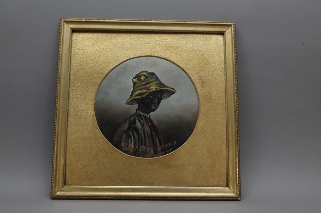 Oil on Board, INJURED INNOCENCE, after Trade Card: [Artwork/"Injured Innocence"] Oil on board, INJURED INNOCENCE. From 1880 Trade Card engraving for Pearl's Art-Craio, showing young Black man w/ an air of injured pride or hurt, hiding chickens in his