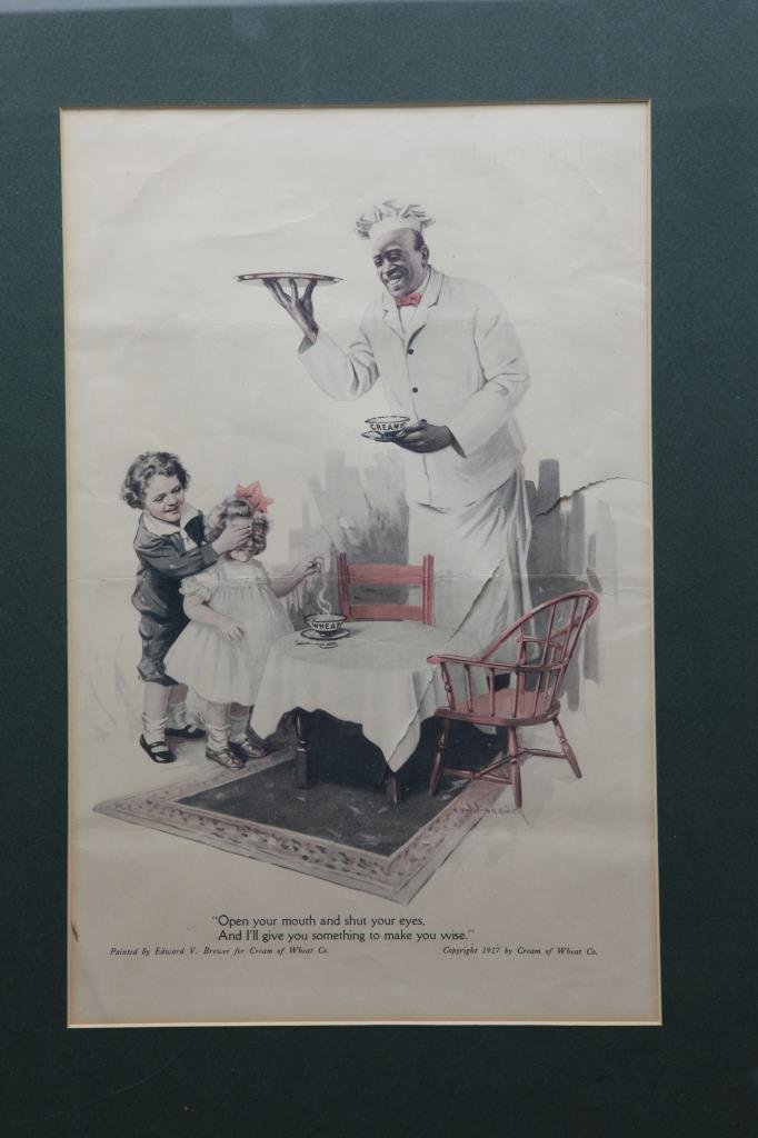 16 Ads w/ Illustrations of Blacks early-mid 1900s.: [Advertisements] 16 Ads with illustrations of Blacks. 4 under glass and not examined out of frame, most versos not examined. ++ 4 Cream of Wheat ads from magazines. 3 after paintings by Edward V. Brew