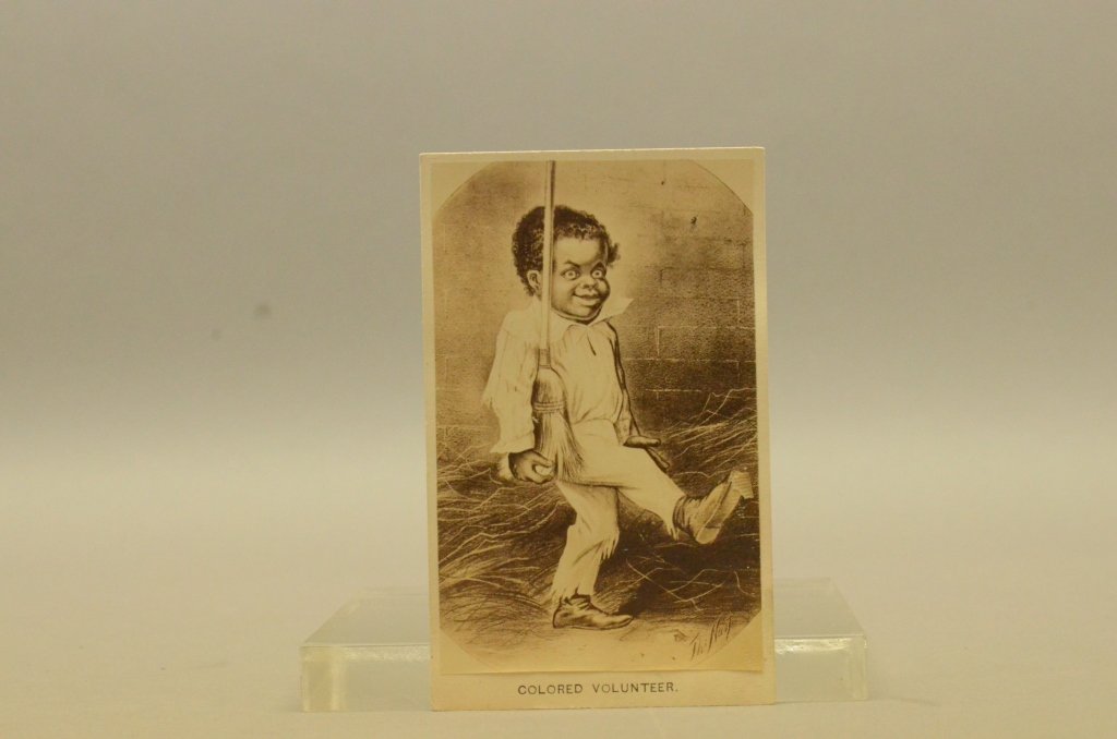 3 Items incl: Nast. COLORED VOLUNTEER, 1863 CDV.: [Carte de Visite/Nast]. 3 Items. ++ Carte de Visite of "The Colored Volunteer." Thomas Nast, 1863. Measures approximately 2.5 x 4 inches, with title below image. ++ Cabinet card. Albumen, consisting o