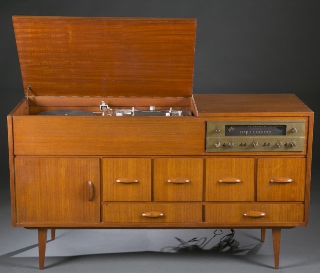 Mid-Century stereo cabinet, speakers, and tables. (1 of 10)
