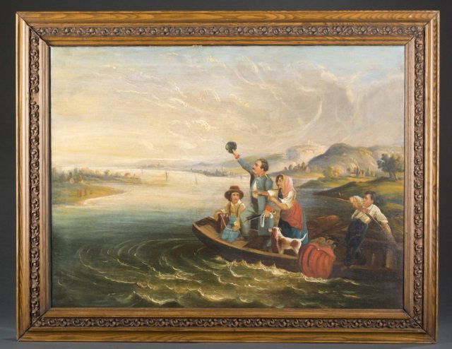 American folk art painting of a family on a ferry. (1 of 6)