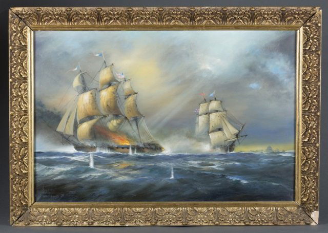 M.J. Whitehand, Ships battling at sea, o/c. (1 of 7)