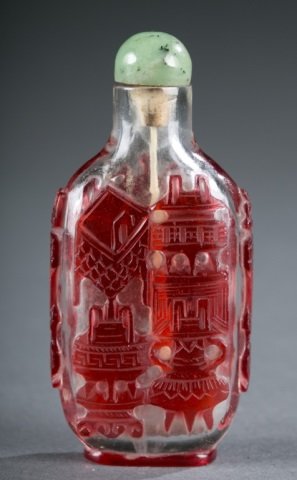 Chinese red glass overlay snuff bottle. (1 of 6)