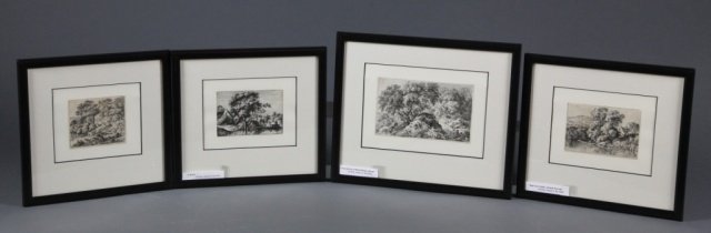4 etchings attributed to Ferdinand Kobell.: Attributed to Ferdinand Kobell (Germany, 1740-1799). A Selection of 4 framed etchings. ++ Traveler beside a stream. 2 7/8" x 3 ¼". ++ A Ferry, signed in plate. 2 13/16" x 3 15/16". ++ Travelers besid