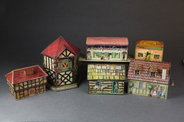 6 "cottage" biscuit, lozenge & chocolate tins. (1 of 7)