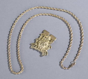 Pre-Columbian gold frog pendant.: A pre-Columbian gold filigree frog pendant. Likely Panamanian. 1 1/2"h x 1 1/4"w. 9.36 g or 0.301 oz t. With gold chain necklace. 10". Marked 14K. 0.135 oz t. Testing approx. 20k on outer edge. Proven