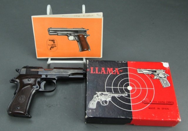 Llama Model III-A Pistol: A Llama model III-A pistol imported by Stoeger Arms. Caliber 380 Auto. Brown plastic grips, one magazine. Includes manual and matching serialized box. Appears as-new. FFL required. No C&R on this item