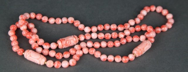 Chinese Carved Coral Bead Necklace. (1 of 2)