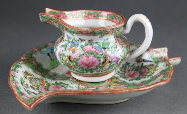Rose Medallion Leaf Plate & Creamer Set, 20th c. (1 of 3)