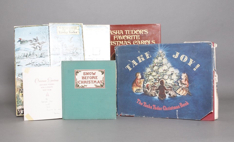6 books signed by Tasha Tudor (3 w/ orig drawing).: [Tudor, Tasha/Christmas] 6 Items signed by Tasha Tudor, 3 w/ orig drawing). 12mo-4to. ++ TASHA TUDOR’S FAVORITE CHRISTMAS CAROLS. Ink drawing of a mother, 2 children, dog, and Christmas tree (on ffe