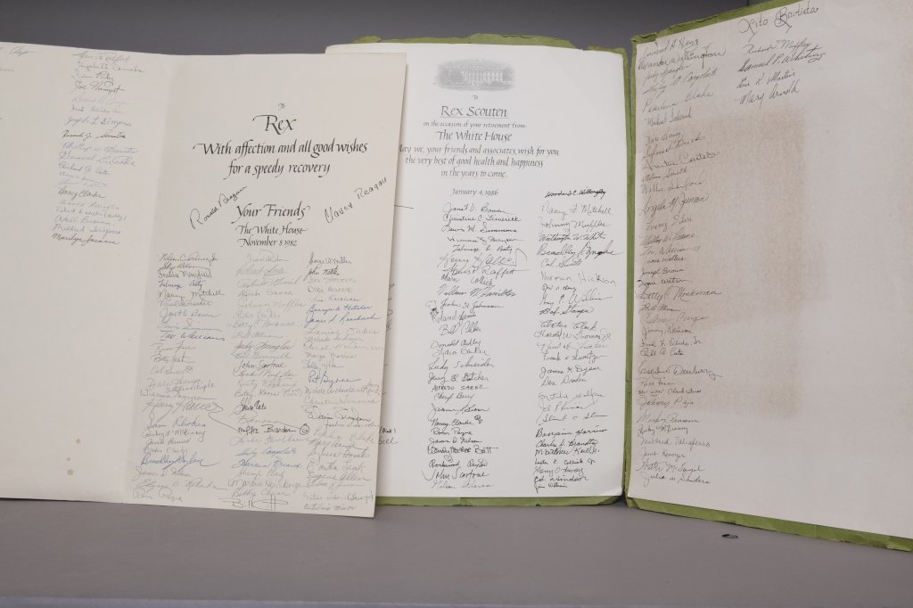 2 oversized cards, sgd by Ronald & Nancy Reagan.: [Reagan, Ronald & Nancy] 2 Items:1 signed by Ronald Reagan and Nancy Reagan. ++ Poster-sized "Best Wishes" get well card signed by Pres. Ronald Reagan and First Lady Nancy Reagan to the left and right