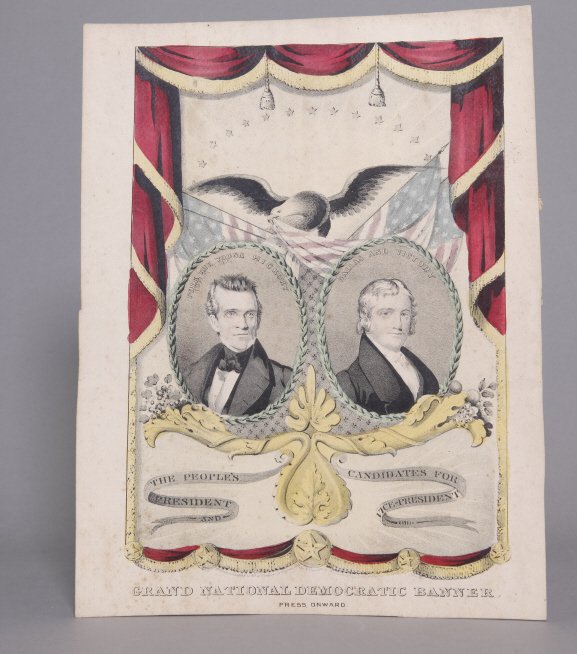 1844 Grand Nat'l Democratic Banner: POLK & DALLAS: [Currier/1844 Election] 1844 PRESS ONWARD Grand National Democratic Banner by N. [Nathaniel] Currier showing two laurel-wreathed, oval portraits of Democratic presidential and vice-presidential candid