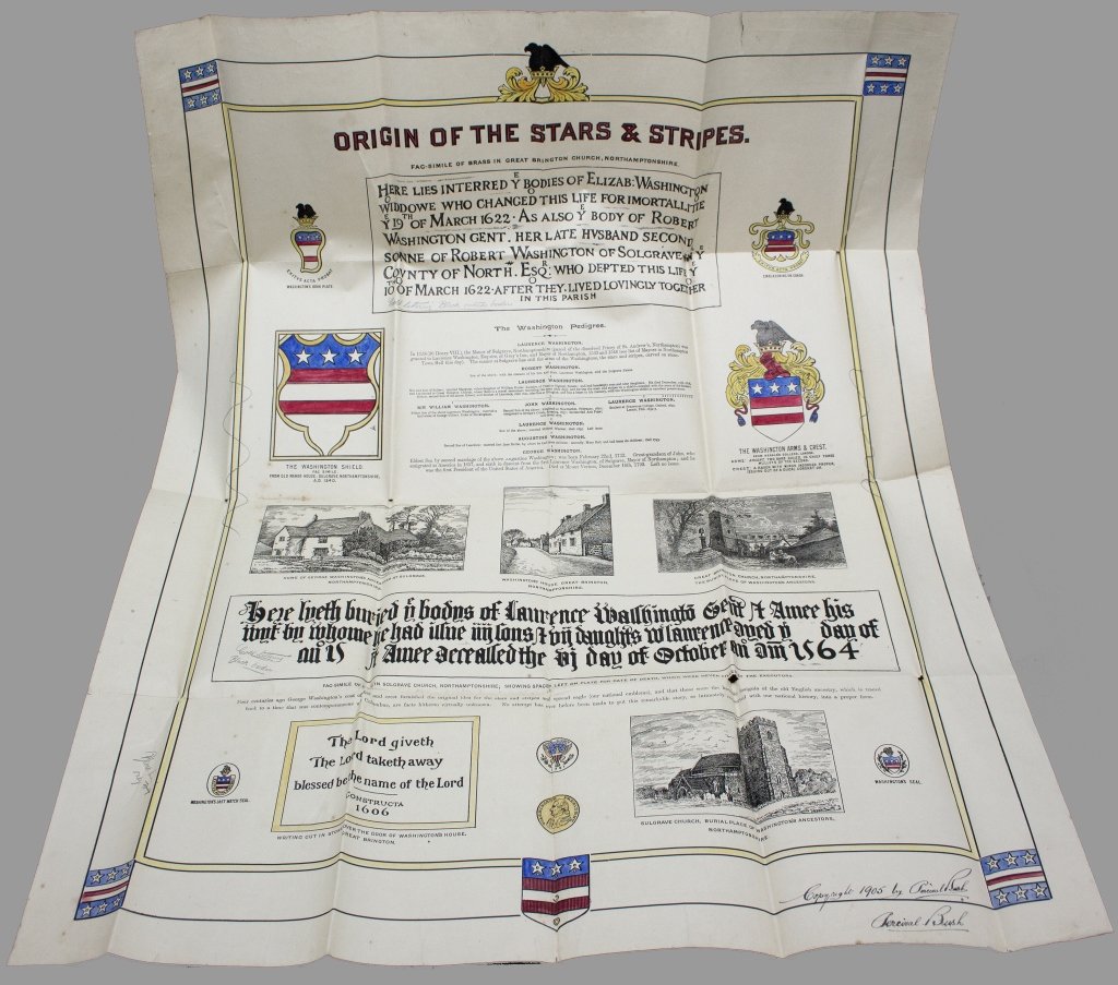 5 Items: 3 "Stars & Stripes" Posters and 2 docs.: [Flag/Stars & Stripes]. 5 Items: ++ Color Poster: ORIGIN OF THE STARS & STRIPES. Poster is by Percival Bush, probably drawn in Great Britain. (Below the title of the poster: "Fac-simile of Brass in Gr