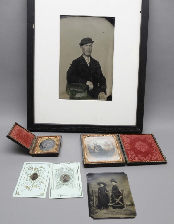 6 photographs (5 tintypes, 1 ambrotype).: [Tintypes/Ambrotypes] 6 tintypes/ambrotypes. ++ Full plate tintype of a man, half-length. Image side very good. Verso is partly glued to modern paper. ++ Sixth plate ambrotype of a mother and two girl