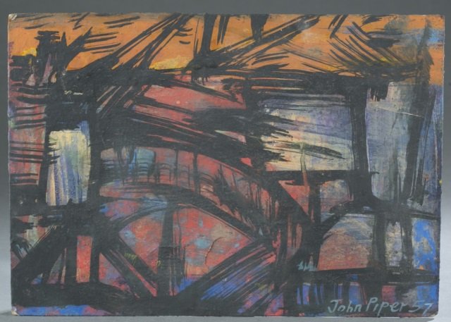 John Piper, Milwall Docks from the Surry Side. 57.: Piper, John (1903-1992). Milwall Docks from the Surry Side. 1957. Gouche and oil on board. Signed & dated l.r. “John Piper 57”; Signed and dated en verso " Millwall Docks from the Surry Side John