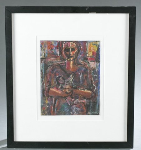David Driskell, tempra on paper. 20th century.: Driskell, David Clyde (Maryland/ District of Columbia, 1931- ) Unknown title. Oil pastel on paper of a mother and child. Signed l.r. Driskell. 8 1/2" x 6 5/8". Frame: 16 1/4" x 14 1/2". Condition: Not