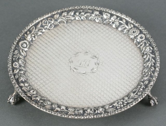 Kirk & Son Sterling repousse plate. c.1865.: A Samuel Kirk & Son Sterling repousse and chased footed plate. c.1865. Marked on bottom with S. Kirk & Son 11oz. 6 1/8". 5.145 t oz.